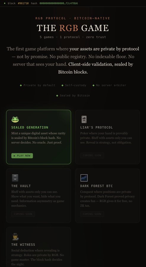 A webpage titled "THE RGB GAME" on "RGB PROTOCOL · BITCOIN-NATIVE" promoting private, client-side validated games sealed by Bitcoin blocks, featuring sections for "SEALED GENERATION," "LIAR'S PROTOCOL," "THE VAULT," "DARK FOREST BTC," and "THE WITNESS."