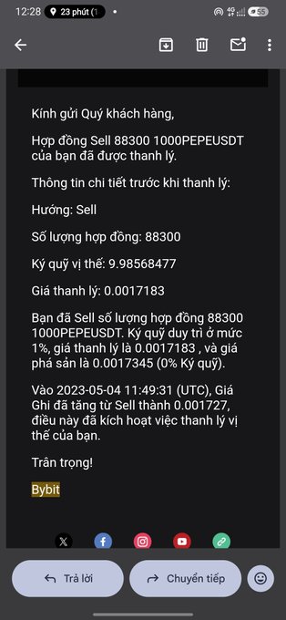 A Vietnamese-language notification from Bybit confirming a completed sell order: 'Hợp đồng Sell 88300 1000PEPEUSDT' was settled at price 0.0017183 on 2023-05-04.