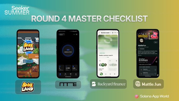 A 'Seeker Summer Round 4 Master Checklist' graphic featuring four app screens: Bake Land, MTE, Backyard Finance, and Mattle.fun on the Solana App World.
