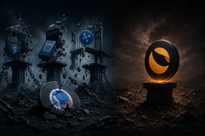 The image depicts the collapse of the Terra Classic ecosystem, with crumbling pillars and broken chains representing the failed utility of $USTC and $LUNC, while a lone, glowing coin symbol stands isolated in a desolate landscape—illustrating the post's message that without USTC's utility, LUNC has become nothing more than a meaningless burn token.