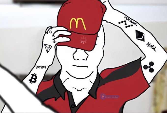 The illustration shows a McDonald's employee with cryptocurrency tattoos (Bitcoin, Ethereum, Tron, Ripple, and Cardano logos) prominently displayed on his arms, adjusting his branded cap. The image humorously relates to the post's "Get back to work" theme by depicting a fast-food worker who is deeply invested in crypto culture, suggesting a contrast between his day job and his crypto enthusiasm.