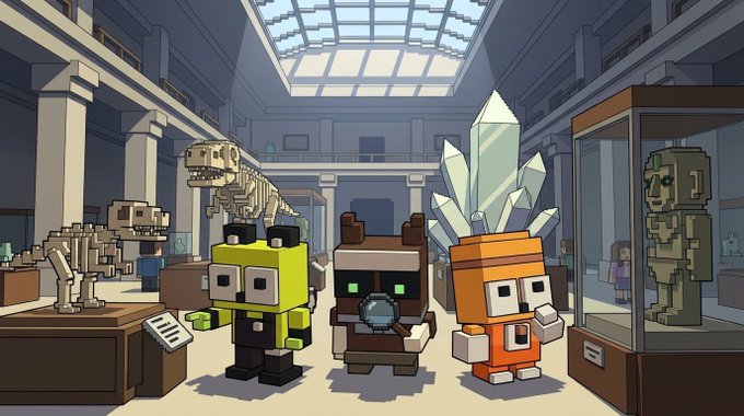 An animated illustration in a blocky, voxel art style depicts characters resembling SpongeBob SquarePants and Patrick Star in a museum setting, standing before a T-Rex skeleton and stone statues.