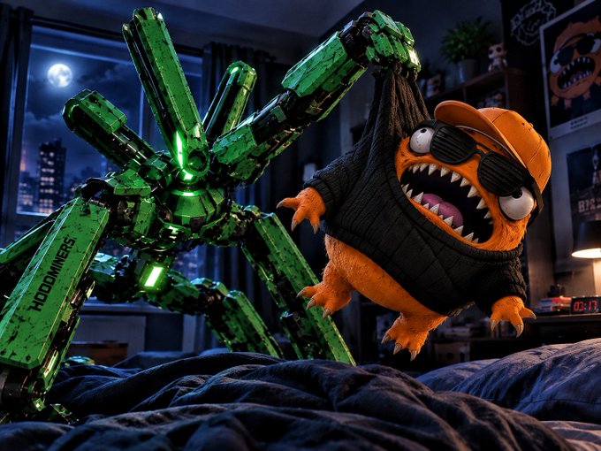 A 3D-rendered scene shows a green mechanical robot with glowing green lights standing in a bedroom at night, facing a furry orange monster wearing sunglasses and an orange cap that appears to be jumping on a bed.