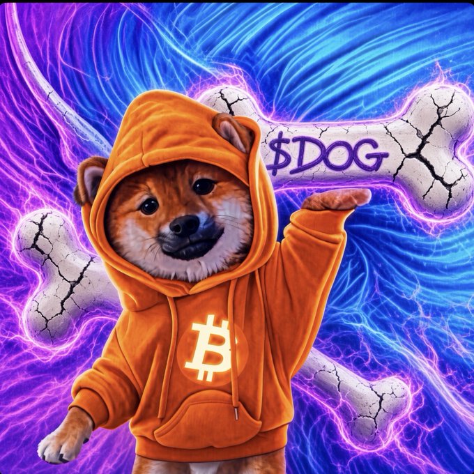 A vibrant digital illustration of a Shiba Inu dog wearing an orange hoodie with a Bitcoin logo, posing next to a glowing bone marked '$DOG' against a purple and blue energy background.