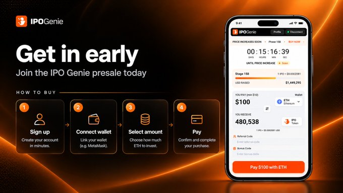 A promotional advertisement for 'IPO Genie' invites users to 'Get in early' and join the presale, displaying a four-step 'HOW TO BUY' process alongside a mobile app interface showing a $100 ETH purchase for $480,538 IPO tokens.