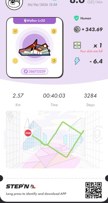 The image shows a phone screen displaying a fitness tracking app called "StepN" with a purple background, white text, and a map of a city skyline. The app has a timer for walking and running, as well as an icon representing a pair of shoes. The screen also displays the time and distance traveled during a walk or run, along with a summary of the user's progress.