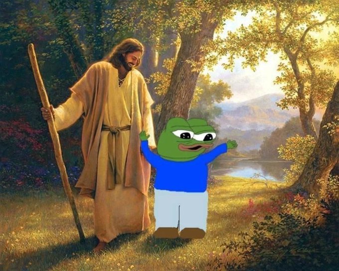 A digital artwork combining a classical painting of Jesus with a cartoon Pepe the Frog character in a blue shirt and white shorts, standing together in a pastoral landscape.