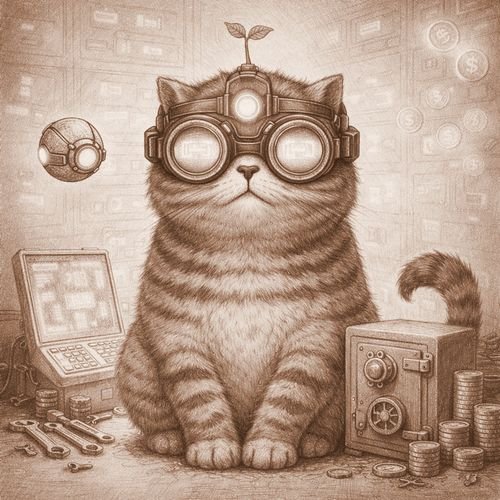 The image shows an adorable sepia-toned illustration of a fluffy cat wearing steampunk-style goggles with a small sprout sprouting from its head, surrounded by tech gadgets, tools, coins, and what appears to be a small safe or vault. The "builder cat" imagery ties directly to the post's theme of building/investing, with the cat's goggles and tools representing a tech-savvy crypto builder, while the coins and safe symbolize locking in gains ("always lock-in") for the Ethos project.