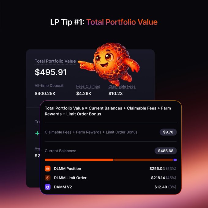 An educational graphic titled 'LP Tip #1: Total Portfolio Value' featuring a cartoon orange fish pointing at a $495.91 portfolio breakdown showing DLMM Position, Limit Order, and DAMM V2 balances.
