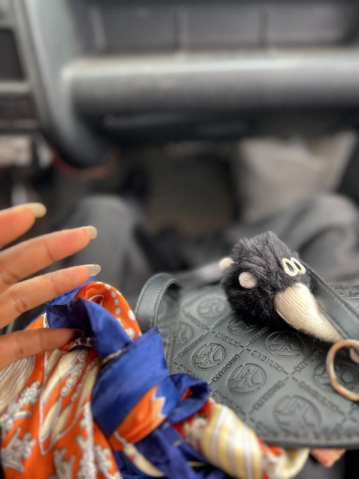 The image features a hand holding a scarf with an animal charm attached, which has the number "8" on it. There are also some other items visible in the background that include a black purse and a black and white striped scarf. The caption of the image reads "Ghvd Mhrning Lovelies #HappySundayToYouAll May The Blessings Or Sunday Not Elude Us In Jesus Name".