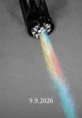 A bundle of cables emits a vibrant rainbow of colored smoke trails against a gray background, with the date "9.9.2026" displayed below. The colorful exhaust metaphorically represents the "hot air" of rumored promises, challenging viewers to follow @world_xyz before the deadline.