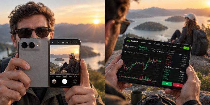 A person wearing sunglasses taking a photo with a foldable smartphone, shown alongside another person viewing a stock trading chart on a device labeled 'MOBX', with Bitcoin (BTC) prices visible.