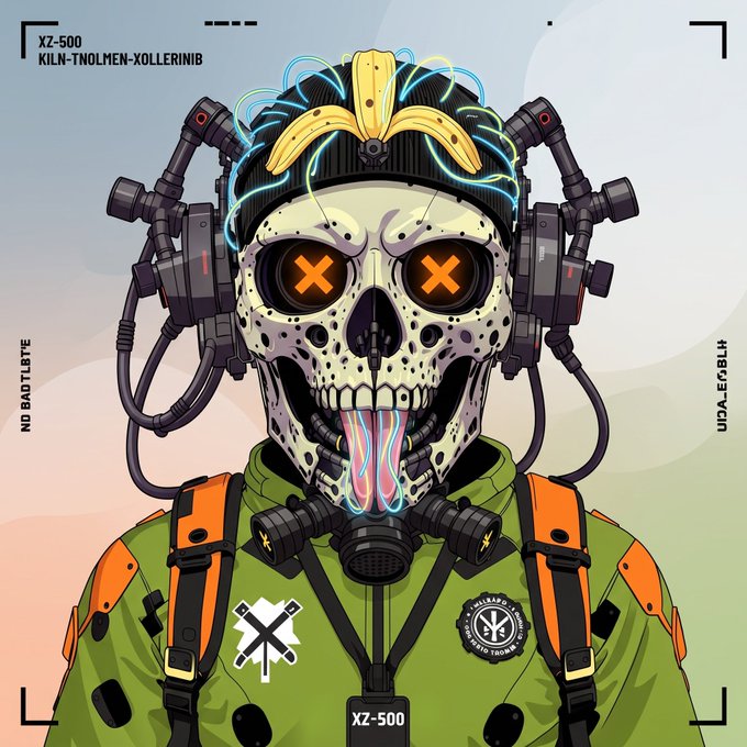 An illustration of a cyborg/robotic figure with a skull-like face, orange X-eyes, mechanical headgear, and a banana peel on its head, wearing a green vest labeled XZ-500.