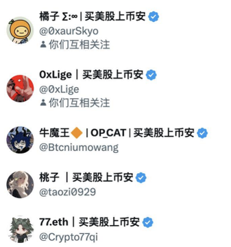 The image shows a list of Twitter/X accounts with the suffix "｜买美股上币安" (Buy US Stocks on Binance) added to their display names, including @0xaurSkyyo, @0xLige, @Btcniumowang, @taozi0929, and @Crypto77qi. This visually illustrates the post's observation that Binance's brand team coordinated a grassroots marketing campaign by getting numerous crypto KOL/KOC influencers to append the promotional tagline to their profiles.