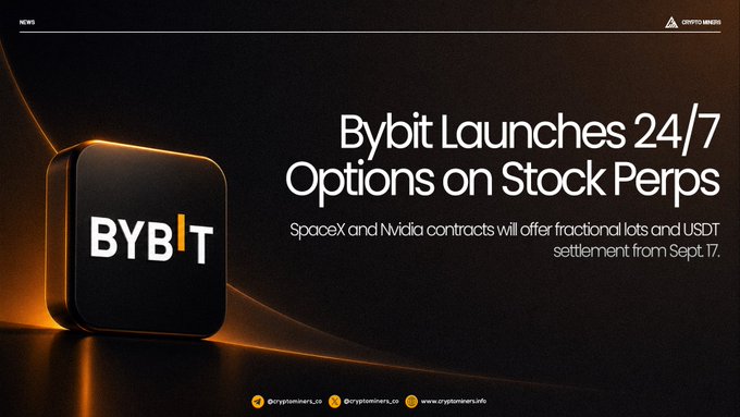 A promotional banner from Crypto News announcing 'Bybit Launches 24/7 Options on Stock Perps,' noting that SpaceX and NVDA contracts will offer fractional lots and USDT settlement from Sept. 17, alongside the Bybit logo.