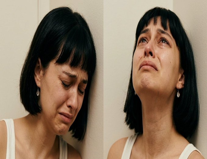 The image shows two photos of a woman with black hair, both looking down at her hands. In one photo, she has tears streaming down her face, while in the other photo, she appears to be crying but without any visible tears. The caption "I earned 0 tezos today." suggests that the woman might have received a low score or negative feedback on something she did recently.