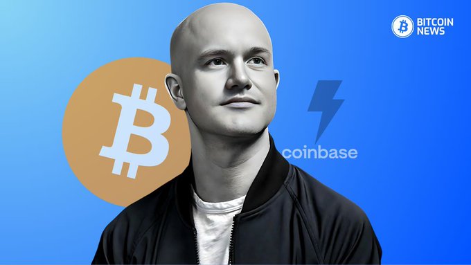 The image features an illustration of a bald man wearing a black jacket with a white shirt underneath. The background of the image is blue, and there are two logos present - one for Bitcoin News and another for Coinbase. The Bitcoin News logo is located on the left side of the image, while the Coinbase logo is positioned on the right side. Both logos are in white against the blue background.

The main subject of the image is a man wearing a black jacket with a white shirt underneath. He appears to be looking up into the sky or to someone's face above him. The text "Coinbase" and "Brian Armstrong" can also be seen, indicating that they are involved in building a political war chest for an upcoming US election.