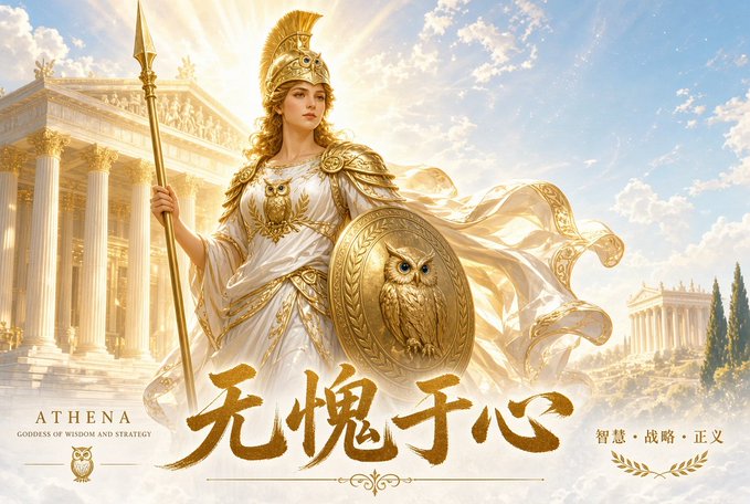 Illustration of the goddess Athena titled 'ATHENA GODDESS OF WISDOM AND STRATEGY' with Chinese text '无愧于心' and '智慧·战略·正义'.