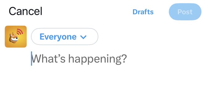 A blank social media post draft screen with the prompt 'What's happening?' and a profile picture of a Shiba Inu dog, with 'Everyone' selected as the audience.