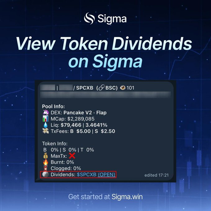 A promotional graphic for Sigma with the heading 'View Token Dividends on Sigma,' showing a token information card for SPCXB on BSC with pool details including $2,289,085 market cap and an 'OPEN' dividends status highlighted in red.