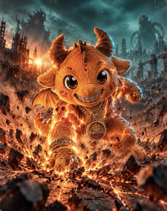 A digital artwork of a fierce, smiling dragon-like creature with horns and a 'Rocket' medallion emerges from fiery, cracked ground in a dark, apocalyptic cityscape.