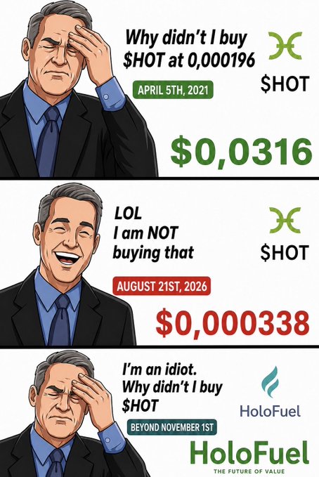 The meme features three panels of a man regretting not buying Holochain's $HOT token: first wishing he bought at $0.000196 on April 5, 2021, then laughing off the chance at $0.000338 on August 21, 2026, and finally facepalming with regret beyond November 1st, promoting HoloFuel as "The Future of Value." It preaches crypto FOMO about missing the $HOT dip before its potential rise with HoloFuel.
