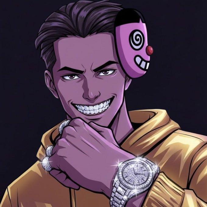 An anime-style digital illustration of a purple-skinned man with a wide grin, wearing a gold jacket, diamond rings and a diamond watch, with a small purple jester mask on his head.