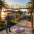A promotional image for 'Skill Stacker' featuring a person standing in a sunny resort-style outdoor setting with palm trees and buildings, holding a colorful disc.
