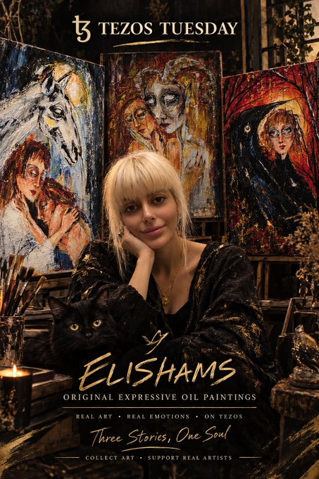 Promotional poster for 'TEZOS TUESDAY' featuring artist ELISHAMS and her original expressive oil paintings, with the tagline 'Three Stories, One Soul' and a black cat at the bottom.