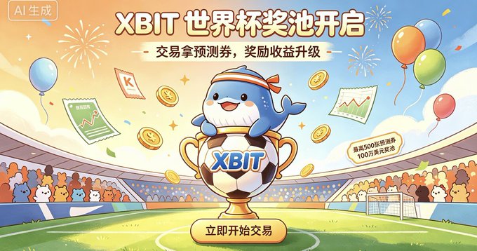 A vibrant promotional banner for XBIT's World Cup prize pool, featuring a cheerful dolphin mascot sitting on a golden soccer trophy with "XBIT" written on it, set in a stadium filled with cartoon characters and floating coins. The image advertises trading predictions with the headline "XBIT 世界杯奖池开启" (XBIT World Cup Prize Pool Opens) and "交易拿预测券，奖励收益升级" (Trade to get prediction vouchers, upgrade reward earnings), offering up to 500 USDT and 100万美金奖励 (1 million USD reward), with a call-to-action "立即开始交易" (Start trading now). The banner supports the post's narrative by promoting XBIT as a modern, rewarding alternative to older prediction platforms like Polymarket and Kalshi.