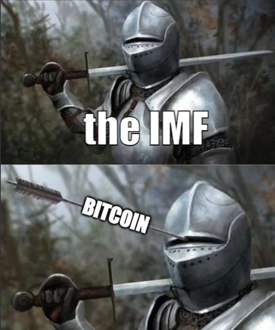A two-panel meme showing a knight in armor, with the top panel labeled 'the IMF' holding a sword, and the bottom panel labeled 'BITCOIN' being struck by an arrow.