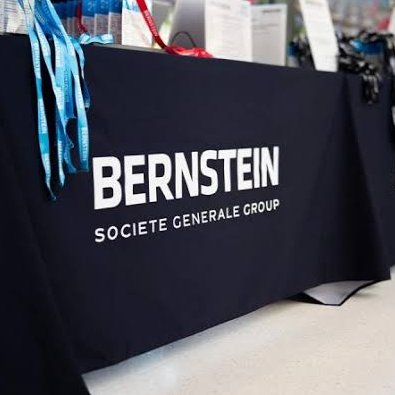 A black display banner features the white text "BERNSTEIN SOCIETE GENERALE GROUP," representing the financial firm issuing the bullish analyst note on Robinhood ($HOOD). The branded backdrop contextualizes Bernstein as the source projecting 31% upside potential for the stock.
