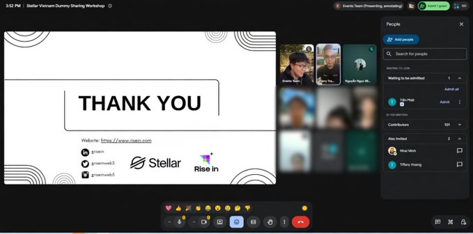 A screenshot of a virtual sharing workshop at 3:21 PM showing a 'THANK YOU' slide with website https://www.rieen.com, logos for Stellar and Rise In, alongside participant video tiles.