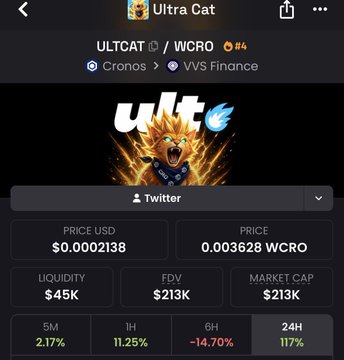 A crypto tracking app shows the "Ultra Cat" token (ULTCAT / WCRO) with a price of $0.0002138, market cap of $213K, and 24-hour price change of 11.7%.