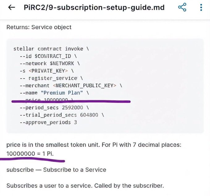 A screenshot of a markdown document titled 'PiRC2/9-subscription-setup-guide.md' showing a 'stellar contract invoke' command with the '--price 10000000' parameter underlined in purple, along with explanatory text about Pi cryptocurrency pricing.