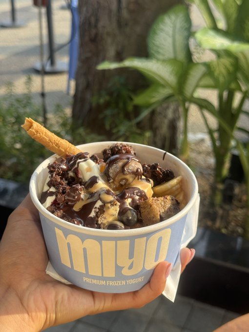 A hand holds a cup of Miya Premium Frozen Yogurt topped with chocolate, caramel, brownie pieces, and a wafer, held outdoors near plants.