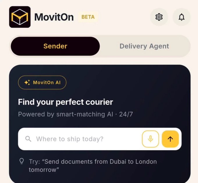 A screenshot of the MovitOn BETA app interface showing a 'Find your perfect courier' section powered by smart-matching AI with options to 'Send' or be a 'Delivery Agent.'