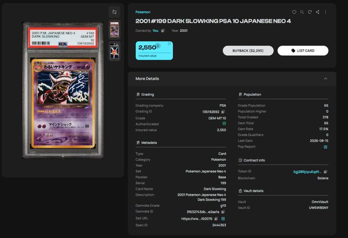 A PSA-graded 2001 Japanese Neo 4 Dark Slowking Pokemon card (graded 10) is listed for $2,550, showing details like PSA grading ID 135192693 and a population of 66.