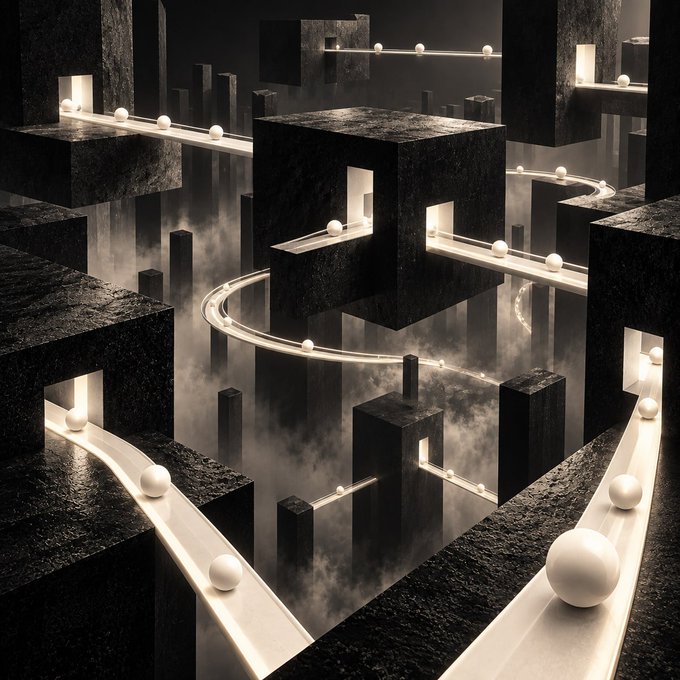 An abstract 3D rendering features dark, textured cubes interconnected by glowing white pathways traversed by small white spheres, creating a surreal, maze-like environment with misty elements.