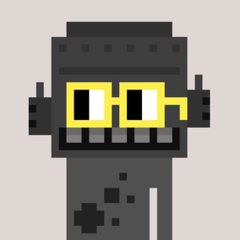 A pixel art character with a dark gray, blocky body, yellow rectangular glasses, and a wide toothy grin, resembling a retro video game NPC.