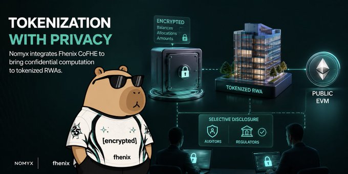 The image features a bear mascot wearing sunglasses and a shirt labeled "[encrypted]" and "fhenix," alongside a diagram illustrating tokenized RWAs with "Encrypted Balances, Allocations, Amounts" displayed above a secure vault, connected to a building and "Public EVM" Ethereum logo, with "Selective Disclosure" pathways for auditors and regulators below. The "Tokenization With Privacy" headline and logos for NOMYX and fhenix reinforce the post's message about bringing confidential computation to real-world asset tokenization, allowing sensitive financial data to remain encrypted while maintaining composability on public EVM networks.