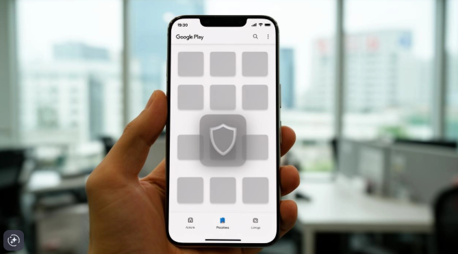 A hand holds a smartphone displaying the Google Play Store interface with a prominent shield icon, set against a blurred office background. The image visually reinforces the post's message about Asia's tightening crypto regulations, with the security shield symbolizing the new protective barriers being placed around digital asset transfers in South Korea and Japan.