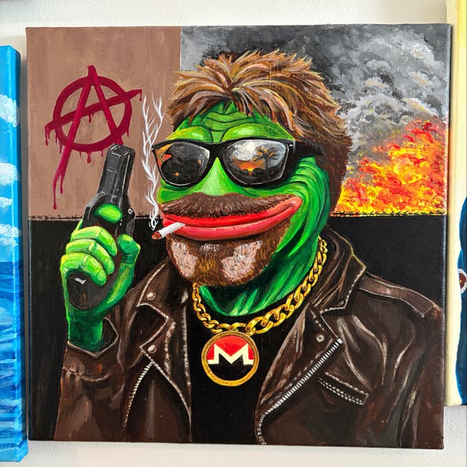 A painted canvas artwork depicting a stylized green character resembling Pepe with sunglasses, a beard, smoking a cigarette, holding a gun, wearing a leather jacket and gold chain with 'M' medallion, set against an anarchy symbol and fire background.