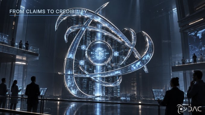 A futuristic digital illustration with the text 'FROM CLAIMS TO CREDIBILITY' showing a glowing holographic sphere structure in a high-tech facility with people observing, branded with 'DAC' in the corner.