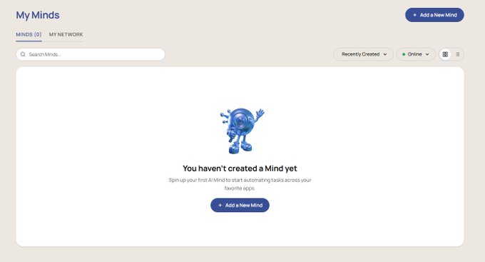 A screenshot of a 'My Minds' dashboard interface with a 'MINDS (0)' tab, showing an empty state message 'You haven't created a Mind yet' with a blue AI robot mascot and an '+ Add a New Mind' button.
