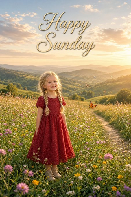 A young girl with blonde braids stands in a flower-filled meadow at sunset, with the text 'Happy Sunday' displayed in elegant gold script above her.
