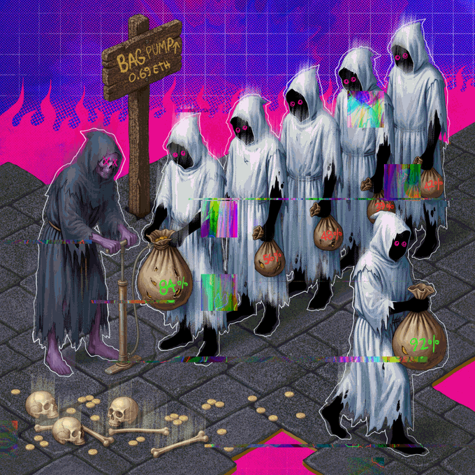 A pixel-art style graphic showing hooded figures standing near a sign that reads 'BAG PUMPA 0.69 ETH' against a pink and purple background, with visible glitch effects.