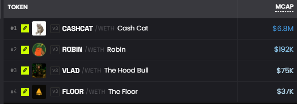 A token ranking list showing 'CASHCAT' (#1, $6.8M), 'ROBIN' (#2, $192K), 'VLAD - The Hood Bull' (#3, $75K), and 'FLOOR - The Floor' (#4, $37K) by market cap.