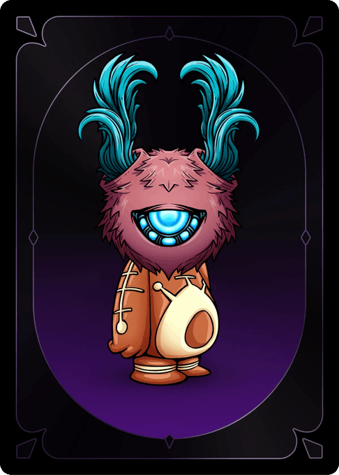 A trading card illustration of a pink furry one-eyed creature with teal feathered antennae, wearing an orange spacesuit, set against a dark purple background.