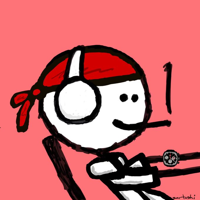 A crude digital drawing of a stick-figure character wearing a red bandana and large white headphones, holding what appears to be a gun, with a watch floating nearby, signed 'zartoshi'.